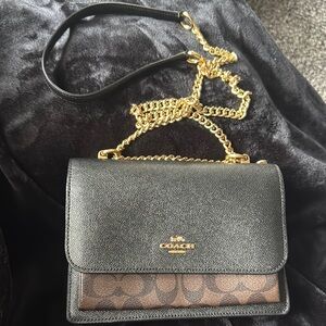 Coach Signature Black and Brown Crossbody Bag with Gold Hardware